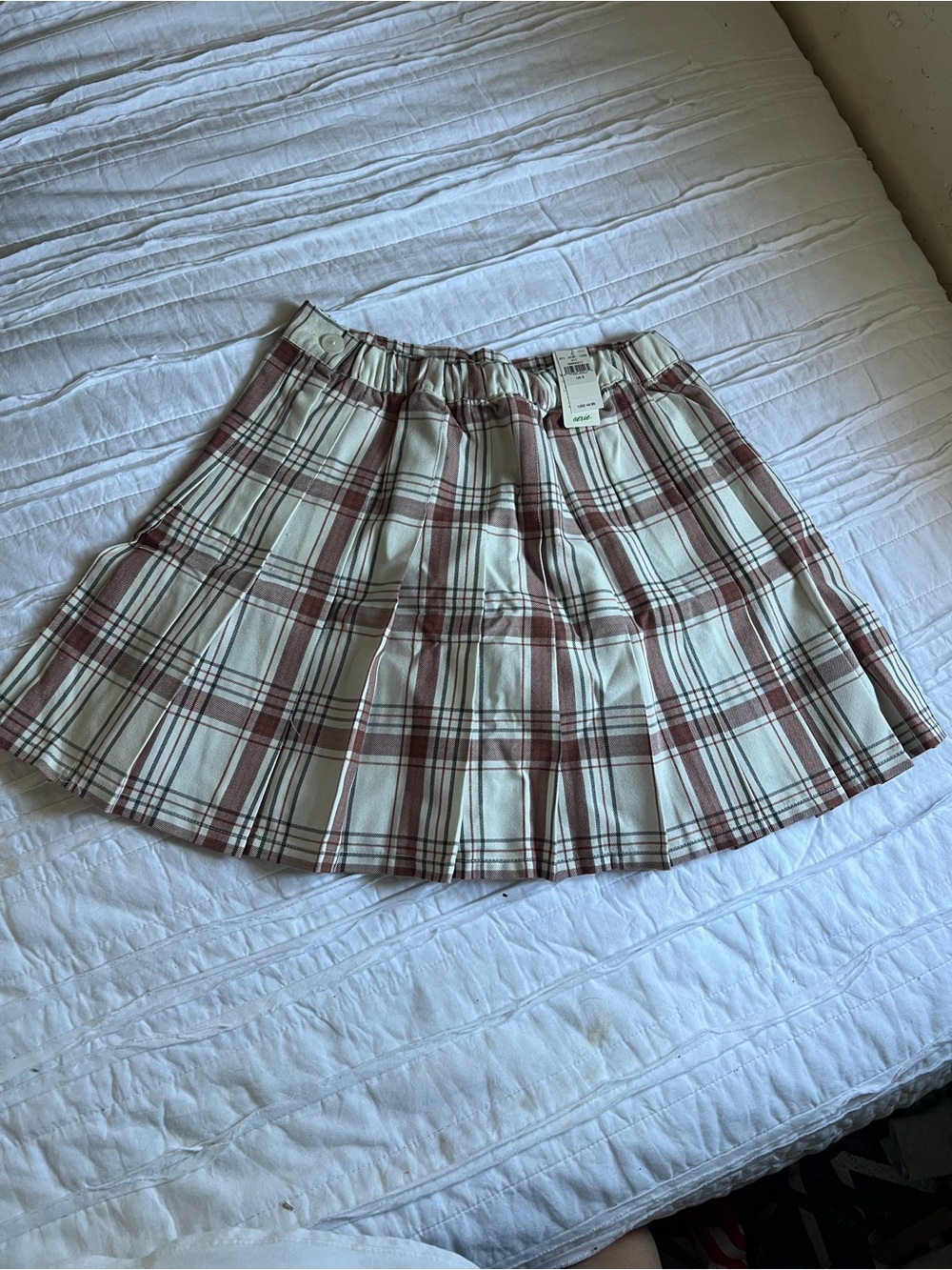 aerie Plaid Pleated Skater Skirt in Cream and Burgundy